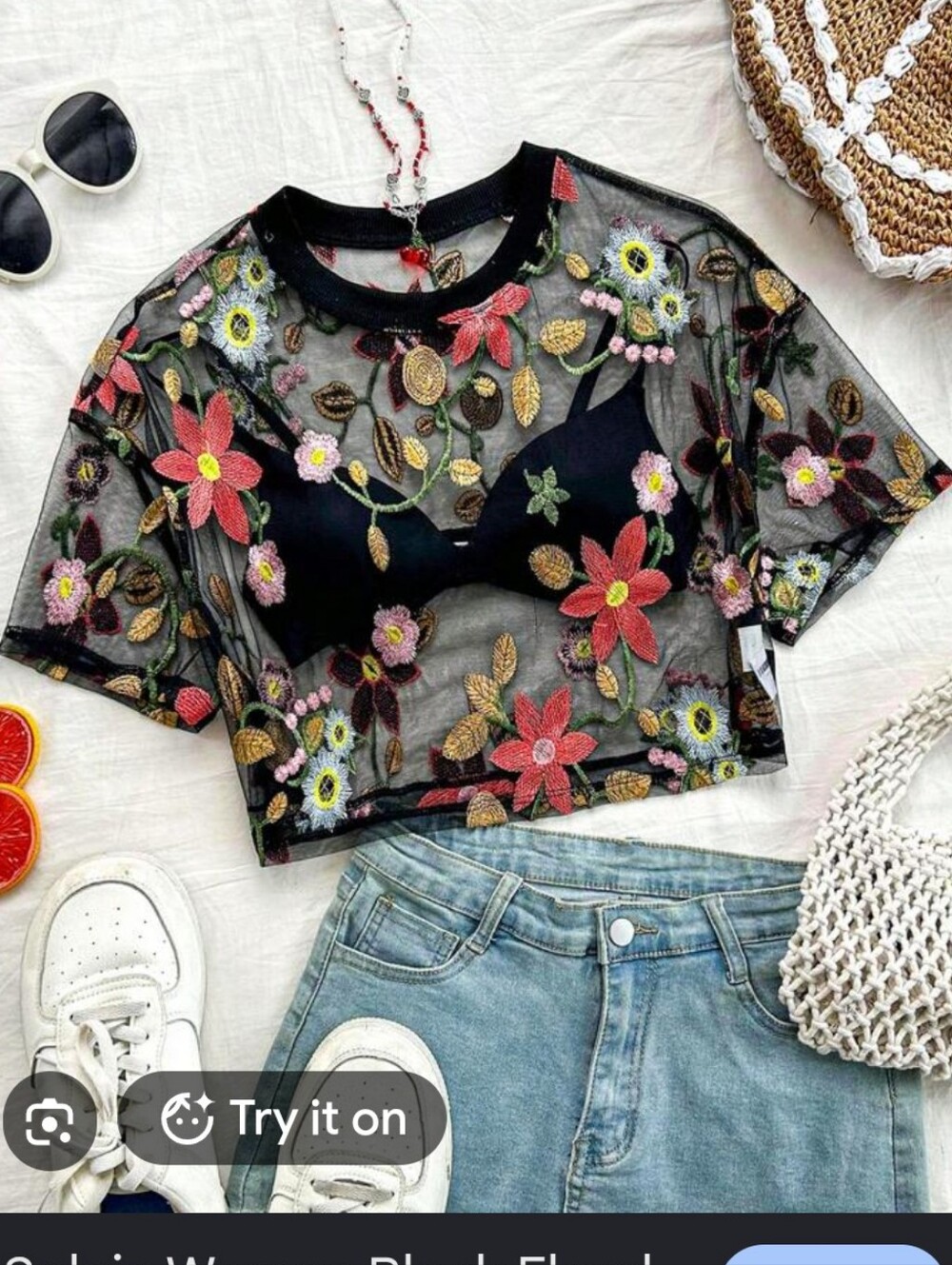 NWOT SHEIN Black Sheer Floral Embroidered Crop Top